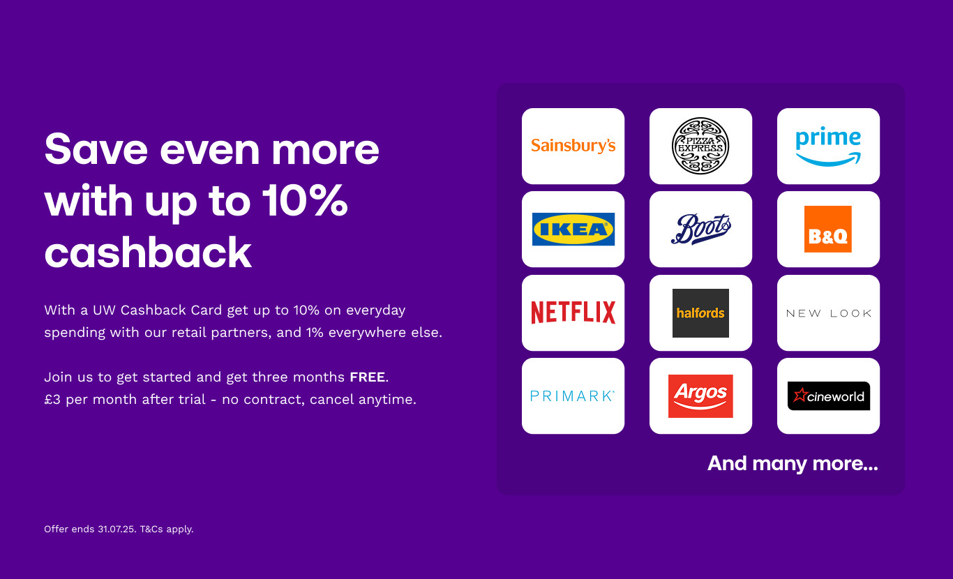 free-uw-cashback-card-three-months Retailer icons showing cashback amounts